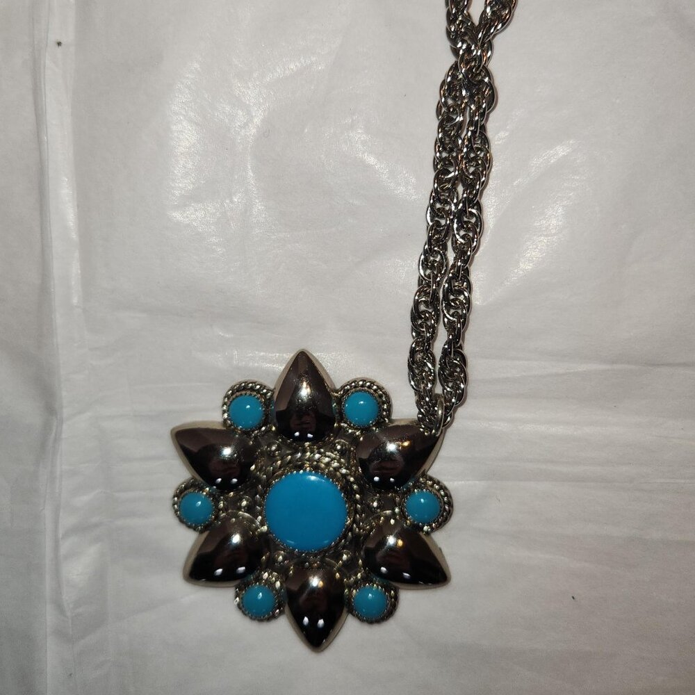 Vintage Nickle Silver Bell Faux Turquoise Pendant. Chain measures 28 inches, pen